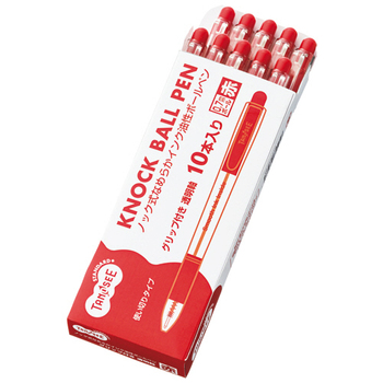 TANOSEE ノック式なめらかインク油性ボールペン(使い切りタイプ) グリップ付 0.7mm 赤 (軸色:クリア) 1パック(10本)