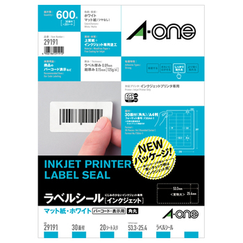 エーワン ラベルシール[インクジェット] マット紙・ホワイト A4 30面 53.3×25.4mm 四辺余白付 角丸 29191 1冊(20シート)