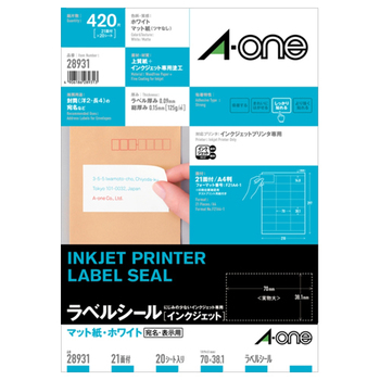 エーワン ラベルシール[インクジェット] マット紙・ホワイト A4 21面 70×38.1mm 上下余白付 28931 1冊(20シート)