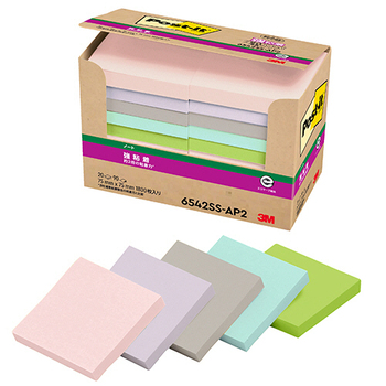 3M ポスト・イット 強粘着ノート 再生紙 75×75mm パステルカラー5色 6542SS-AP2 1パック(20冊)