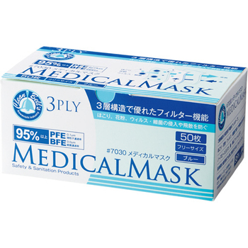 川西工業 メディカルマスク 3PLY ブルー 7030BL 1箱(50枚)