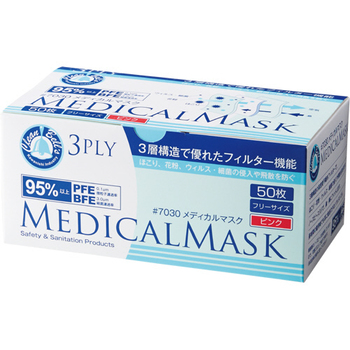 川西工業 メディカルマスク 3PLY ピンク 7030PK 1箱(50枚)