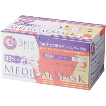 川西工業 メディカルマスク レディース 3PLY ホワイト 7031 1箱(50枚)