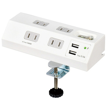 ELPA 集中スイッチ付デスクタップ(外せるクランプ付) 4個口+2ポート 2m ホワイト WLS-DS4232SUA(W) 1個