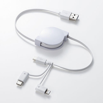 サンワサプライ ライトニング・Type-C・microB 巻き取りUSB 3in1 ケーブル 0.8m ホワイト KB-IPLTM08KW 1個