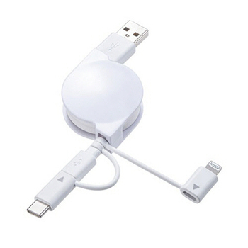 サンワサプライ ライトニング・Type-C・microB 巻き取りUSB 3in1 ケーブル 0.8m ホワイト KB-IPLTM08KW 1個
