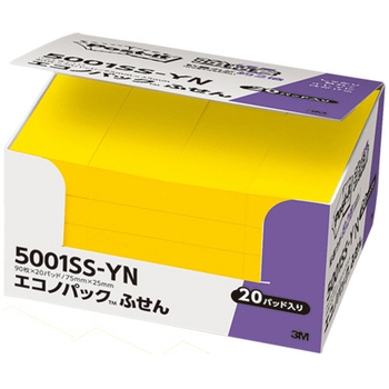 3M ポスト・イット エコノパック 強粘着ふせん 75×25mm ビビットイエロー 5001SS-YN 1パック(20冊)