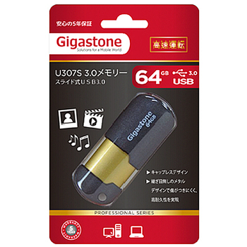 Gigastone USB3.0フラッシュメモリ スライド式 64GB ブラック/ゴールド GJU364GSLJ 1個