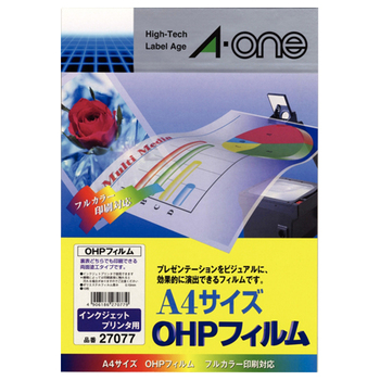 エーワン OHPフィルム[インクジェット] A4 ノーカット 27077 1冊(10枚)