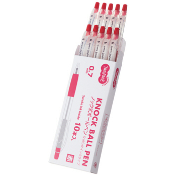 TANOSEE ノック式油性ボールペン(なめらかインク) 0.7mm 赤 (軸色:クリア) 1セット(10本)