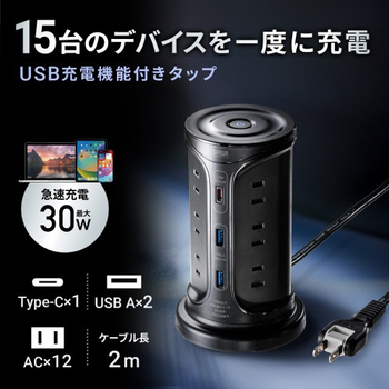 サンワサプライ USB充電機能付きタワー型タップ 2P・12個口+Type-C×1/USB-A×2ポート ブラック 2m TAP-B112C1A2BK 1個