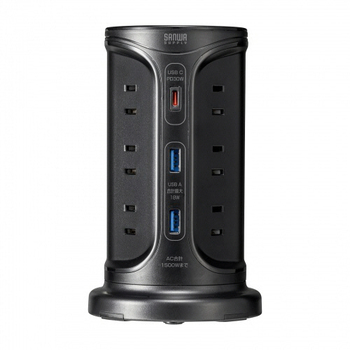 サンワサプライ USB充電機能付きタワー型タップ 2P・12個口+Type-C×1/USB-A×2ポート ブラック 2m TAP-B112C1A2BK 1個