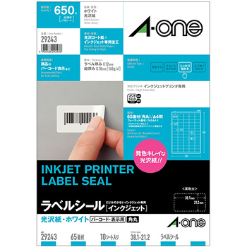 エーワン ラベルシール[インクジェット] 光沢紙・ホワイト A4 65面 38.1×21.2mm 四辺余白付 角丸 29243 1冊(10シート)