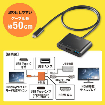サンワサプライ USB Type C-HDMI変換アダプタ(4K・PD対応・USBハブ付) AD-ALCPHDPD02 1個