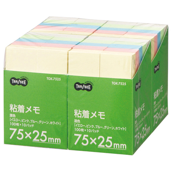 TANOSEE 粘着メモ<ボリュームパック> 75×25mm 5色 1セット(40冊:10冊×4パック)