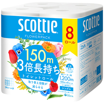 日本製紙クレシア スコッティ フラワーパック 3倍長持ち シングル 芯あり 150m 香り付き 1セット(48ロール:8ロール×6パック)