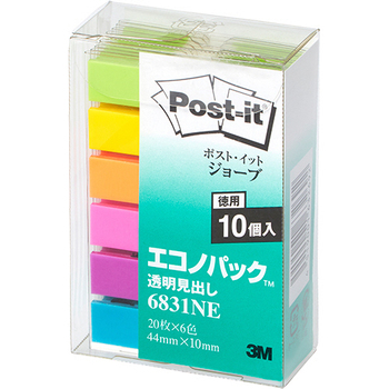 3M ポスト・イット ジョーブ エコノパック 透明見出し 44×10mm パステルカラー6色 業務用パック 6831NE 1セット(60冊)