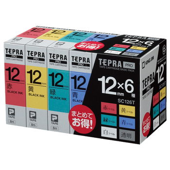 キングジム テプラ PRO テープカートリッジ ベーシックパック 12mm 赤・黄・緑・青・白・透明/黒文字 SC126T 1パック(6個:各色1個)