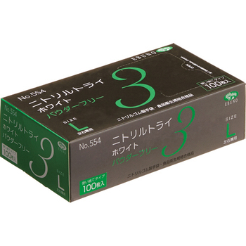 エブノ ニトリルトライ3 ホワイト パウダーフリー L No-554-L 1セット(3000枚:100枚×30箱)