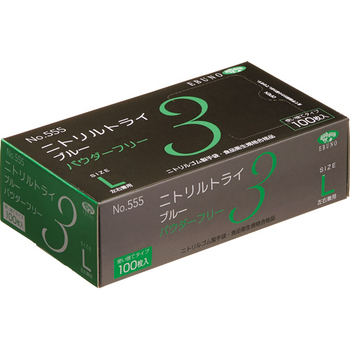 エブノ ニトリルトライ3 ブルー パウダーフリー L No-555-L 1セット(3000枚:100枚×30箱)