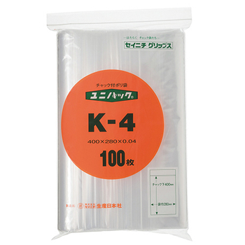 セイニチ ユニパック チャック付 ポリエチレン ヨコ280×タテ400×厚み0.04mm K-4 1パック(100枚)