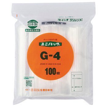 セイニチ ユニパック チャック付 ポリエチレン ヨコ140×タテ200×厚み0.04mm G-4 1パック(100枚)