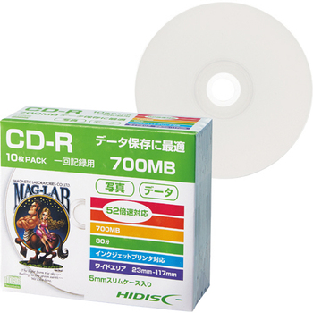 ハイディスク データ用CD-R 700MB 52倍速 ホワイトワイドプリンタブル 5mmスリムケース HDCR80GP10SC 1パック(10枚)