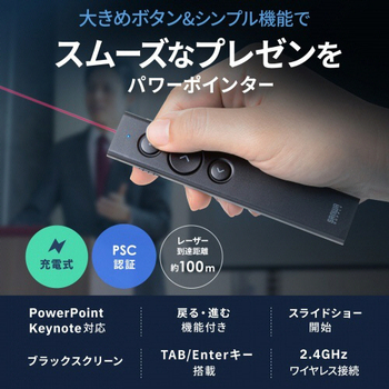 サンワサプライ USB充電式 パワーポインター 赤色光 LP-RF116BK 1本