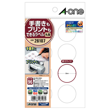 エーワン 手書きもプリントもできるラベル はがきサイズ 丸型8面 30mmφ 26107 1冊(12シート)