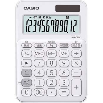 カシオ カラフル電卓 ミニジャストタイプ 12桁 ホワイト MW-C20C-WE-N 1台
