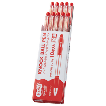 TANOSEE ノック式なめらかインク油性ボールペン グリップ付 0.7mm 赤 (軸色:クリア) 1セット(100本:10本×10パック)