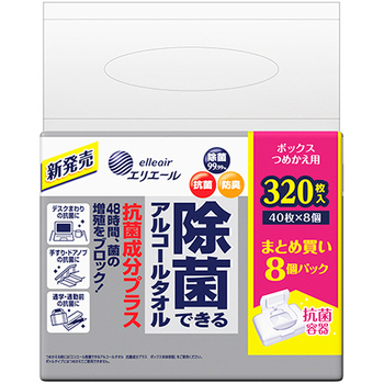 大王製紙 エリエール 除菌できるアルコールタオル 抗菌成分プラス ボックスつめかえ用 1セット(1280枚:320枚×4パック)