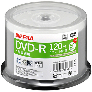 バッファロー DVD-R 録画用 120分 16倍速 ホワイトワイドプリンタブル スピンドルタイプ 50枚+5枚 RO-DR47V-055PWZ 1パック