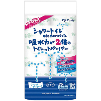 大王製紙 エリエール シャワートイレのためにつくった吸水力が2倍のトイレットペーパー ダブル 芯あり 25m 無香料 1パック(12ロール)