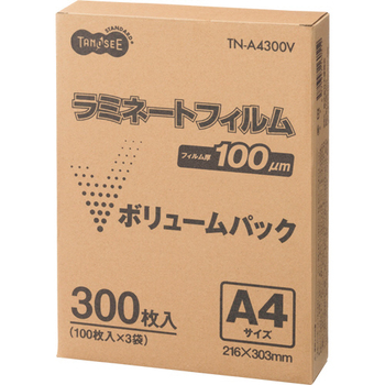 TANOSEE ラミネートフィルム ボリュームパック A4 グロスタイプ(つや有り) 100μ 1箱(300枚)
